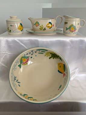 Studio Nova Cream Ceramic Fish Serveware Set with Yellow & Teal Accents
